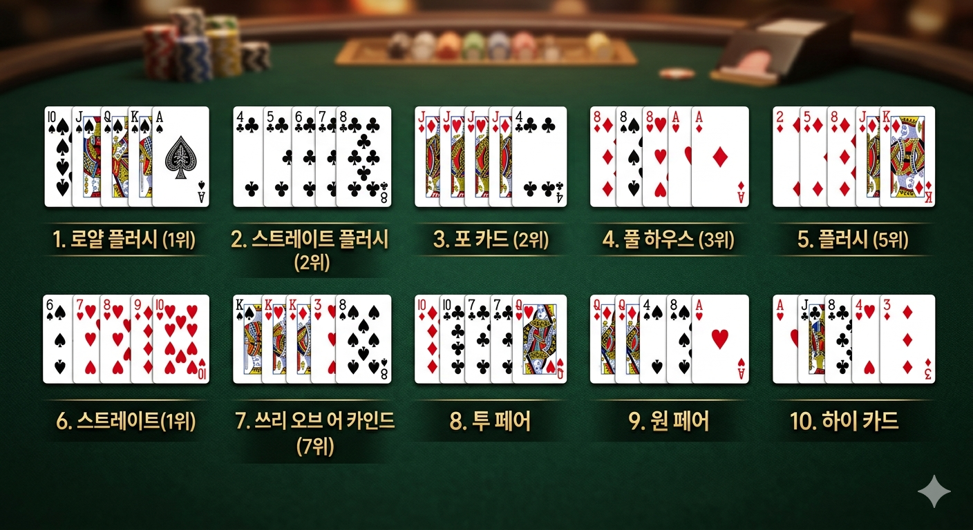 텍사스 홀덤 족보 10가지 순위표 - 로열 스트레이트 플러시부터 하이카드까지 강한 순서대로 정리한 홀덤 패 순위 차트