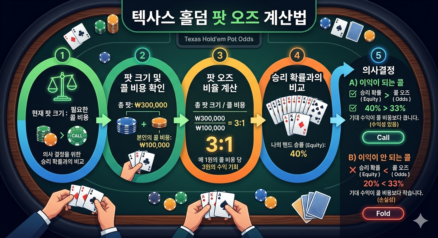 텍사스 홀덤 팟 오즈 계산법 5단계 인포그래픽 - 팟 크기 확인부터 의사결정까지의 의사결정 프로세스