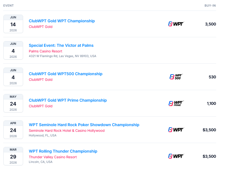 WPT 2026 시즌 전체 스케줄 - 월드 포커 투어 스톱별 일정
