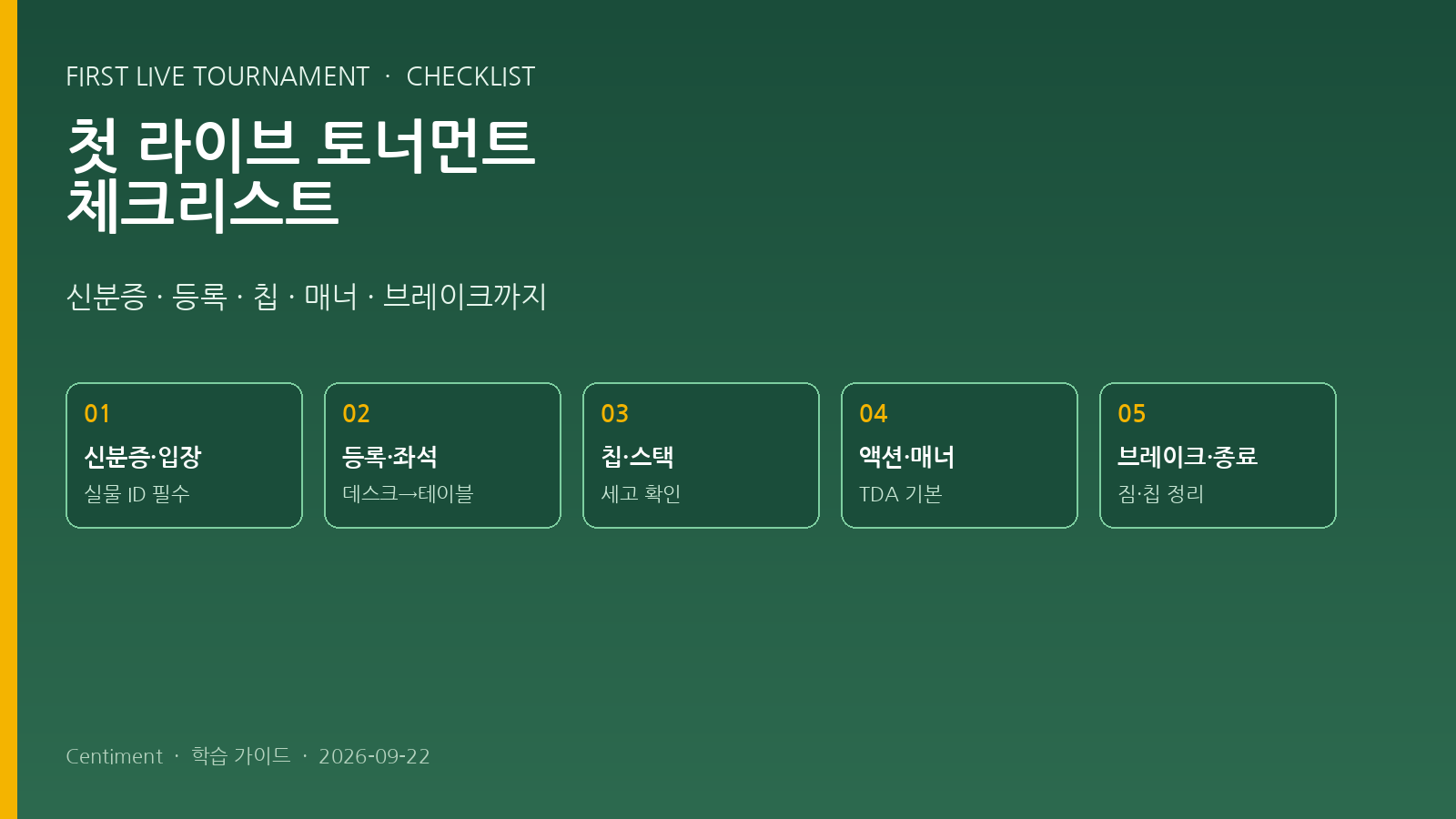 첫 라이브 토너먼트 체크리스트 - 신분증·등록·칩·매너·브레이크 5단계 다이어그램