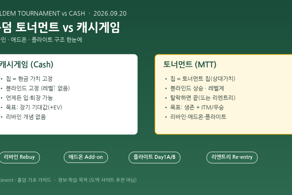 홀덤 토너먼트와 캐시게임 차이 비교 - 리바인·애드온·플라이트 구조 요약 다이어그램