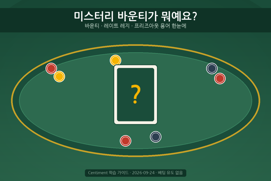 미스터리 바운티·바운티·레이트 레지·프리즈아웃 용어 가이드 - 포커 테이블 위 미스터리 카드 히어로 이미지