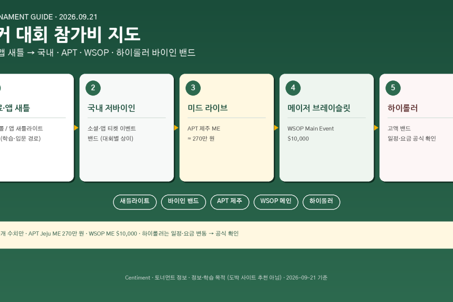 포커 대회 참가비 바이인 지도 - 무료 앱 새틀부터 APT·WSOP·하이롤러까지 5단계 밴드 다이어그램