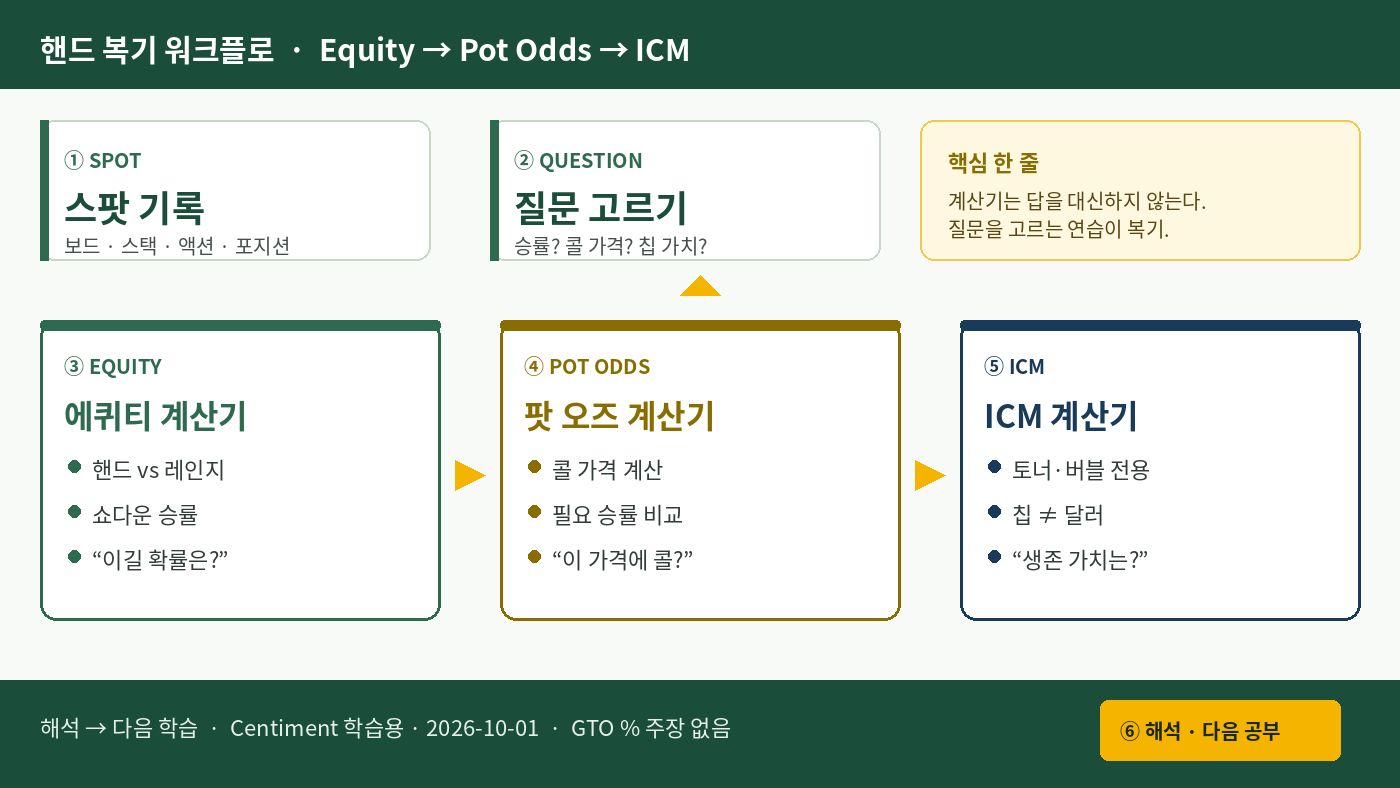 홀덤 핸드 복기 워크플로 다이어그램 - 스팟·질문 후 에퀴티·팟오즈·ICM 계산기 순서