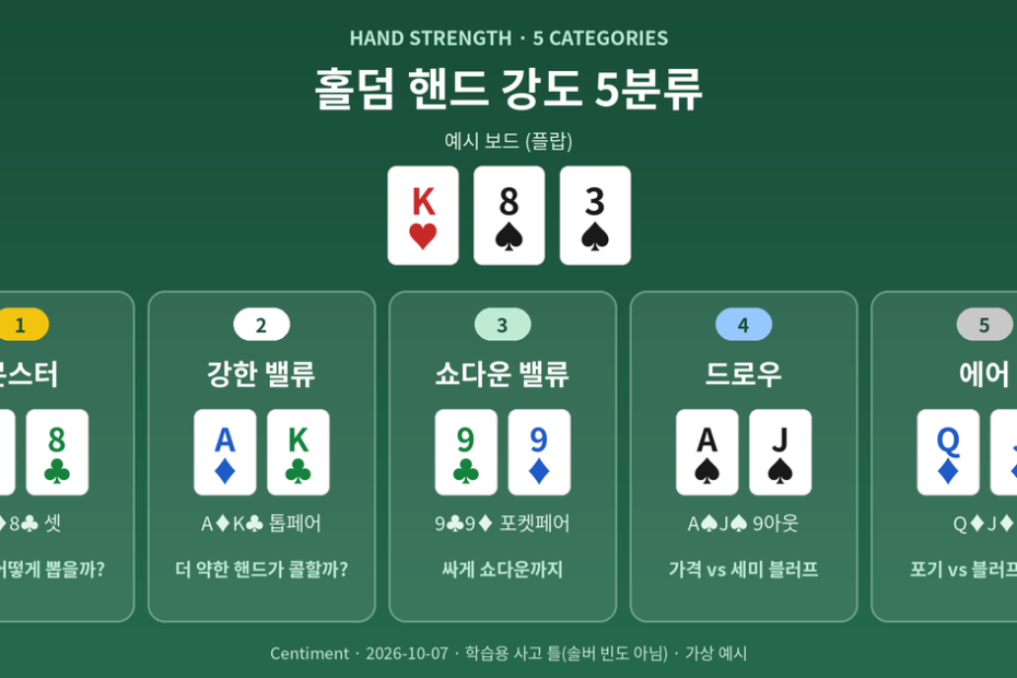 홀덤 핸드 강도 5분류 인포그래픽 - K♥ 8♠ 3♠ 보드 아래 몬스터·강한 밸류·쇼다운 밸류·드로우·에어 칸에 대표 핸드를 배치한 그림