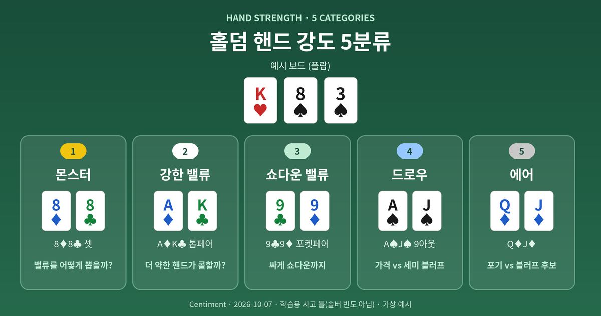 홀덤 핸드 강도 5분류 인포그래픽 - K♥ 8♠ 3♠ 보드 아래 몬스터·강한 밸류·쇼다운 밸류·드로우·에어 칸에 대표 핸드를 배치한 그림