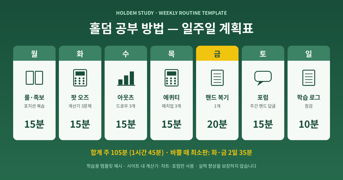 홀덤 공부 방법 주간 학습 루틴 템플릿 — 월요일부터 일요일까지 요일별 15·15·15·15·20·15·10분, 합계 주 105분 학습 시간과 도구 아이콘을 담은 일주일 계획표